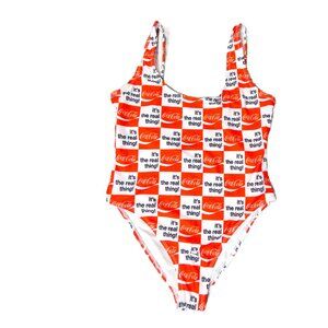 Coca Cola Swimsuit Women Size M Red White One Piece Bathing Suit Hi cut Lined